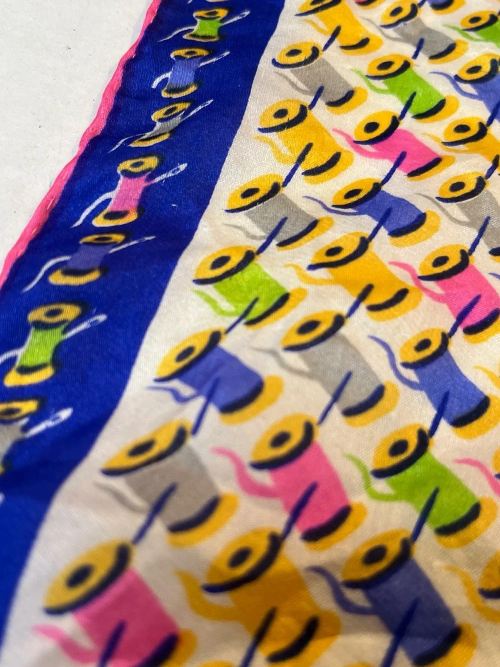 100% silk Scarf - Blue & Pink features sewing motif 17X17
